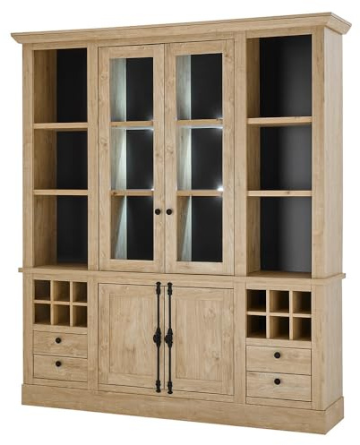 Lomadox Esszimmer Buffetschrank Vitrinenschrank 193 cm breit, Eiche mit schwarz, mit 2 Glastüren, 2 Holztüren, 6 offenen Fächern, 4 Schubladen und 12 Flaschenfächern, Landhausstil