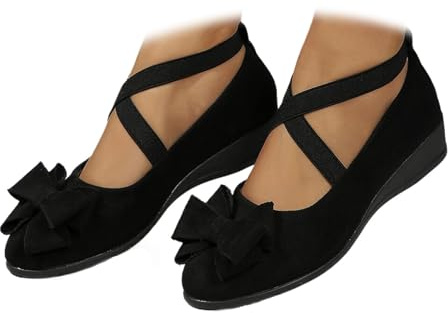 Scarpe da donna comode, elastiche incrociate, con zeppa, ballerina, alla caviglia, con cinturino incrociato, punta arrotondata, comoda pompa, Fiocco Nero, 39.5 EU