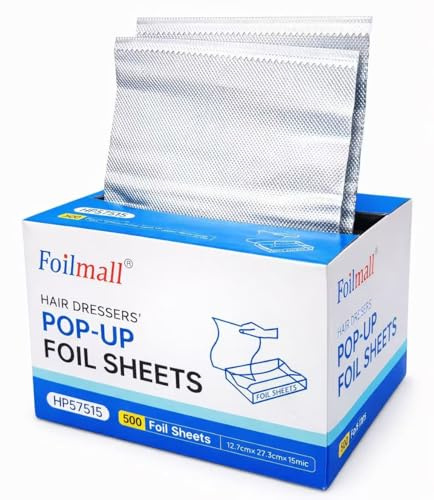 Foilmall Friseur Pop-up Folienblätter – vorgeschnittene Einzelblätter, 500 Stück, Silber, 12,7 × 27,3 cm, 15 µm extra stabil, einseitig geprägt, für professionelle Haarfärbung & Highlights
