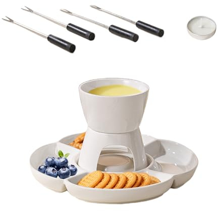 Ceramic Chocolate Fondue Pot Set, Temperature Resistant Kitchen Cookware, Integrated Fruit Plate(Snack Tray, Fondue, Small Bowl, Fruit Forks, Small Candle)