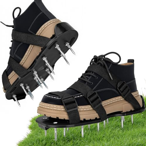 Griwuut Rasenbelüfter Schuhe Nagelschuhe mit Klettverschluss Verstellbare Gurte für Rasen belüften Professionelle Rasenlüfter Schuhe für Gartenarbeit Rasenpflege (Schwarz)
