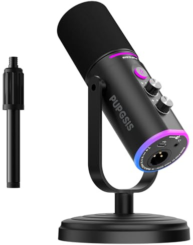 PUPGSIS Podcast Dynamic Microphone, XLR/USB Recording PC Microphones for Broadcast, Podcast, Recording, Gaming & Streaming, Studio Mic with Mute, Headphone Jack, Monitoring Volume Control, Windscreen