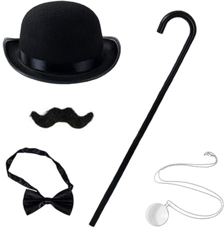 Guaber Monopolys d'Halloween pour homme - Accessoires de costume - Chapeau melon - Moustache - Monocle - Cane - Cravate - Costume riche