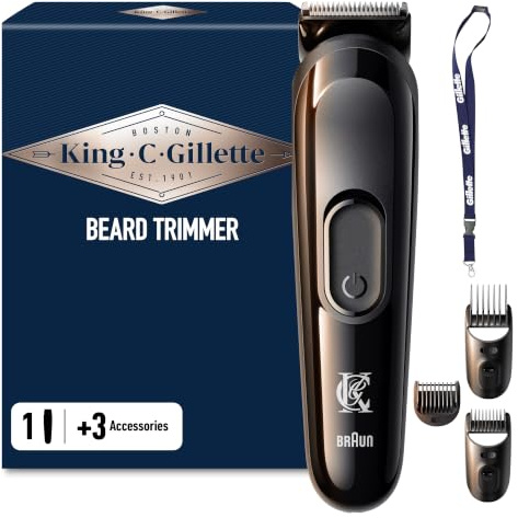 King C. Gillette Kit Regolabarba Uomo, 1 Testina, 3 Pettini Regolatori, 1 Spazzolina, Caricatore, Rasoio Elettrico Barba, Idea Regalo Uomo Kit Professionale, Lame Rasoio Affilate, con Laccetto
