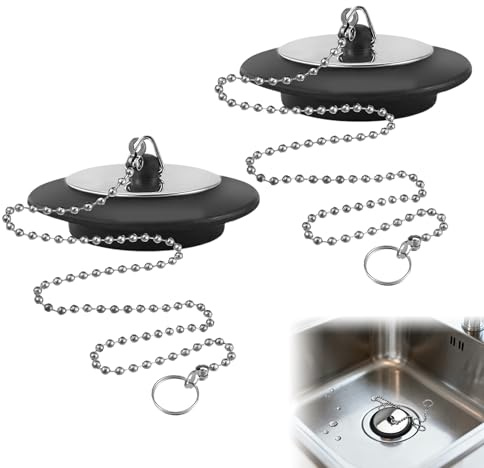 2Pcs Universal Sink Plugs, 43mm Kitchen Sink Plug Replacement with 40cm Stainless Steel Chain, Black Rubber Bath Plug Replacement, Drain Stopper for Bathroom Kitchen, Fits 42mm–45mm Sinks