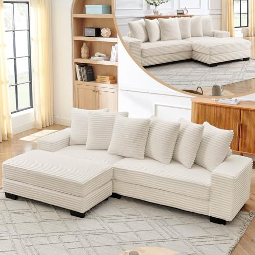 EURHCIO Canapé d'angle Modulable,Canapé 4 Places en Velours Côtelé,avec 6 Coussins,Design en Forme de L,pour Salon,Appartement,Bureau,256.5x133.5x89 cm (Beige-A)