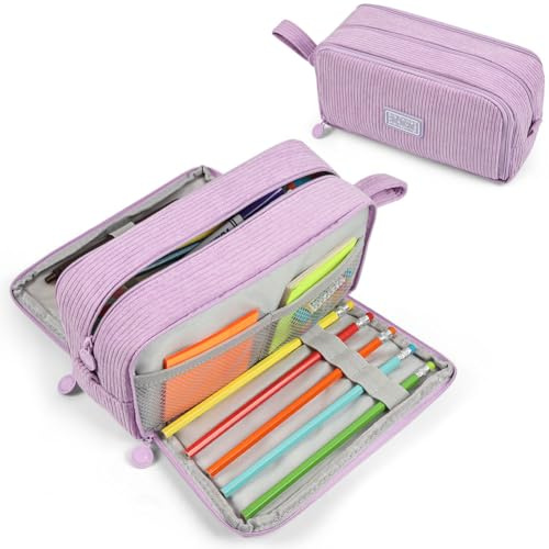 HOTUT Federmäppchen Mäppchen,Schlamperbox Cord-Stoff mit 3 Fächer Federtasche,Große Kapazität Stiftetasche Federmäppchen mit Tragegriff,Pencil Case Schulmäppchen für Schule,Büro,Mädchen,Teenager(Lila)