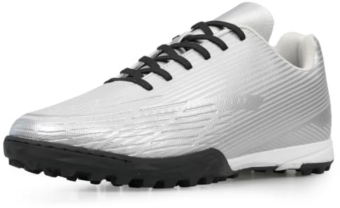Eggseed Mens Football Boots Astro Turf Trainers Adult Lace-Up Soccer Shoes Cushioned Grip Lightweight Training Boots for Artificial Ground Black Silver UK 7–10 EU 41–45