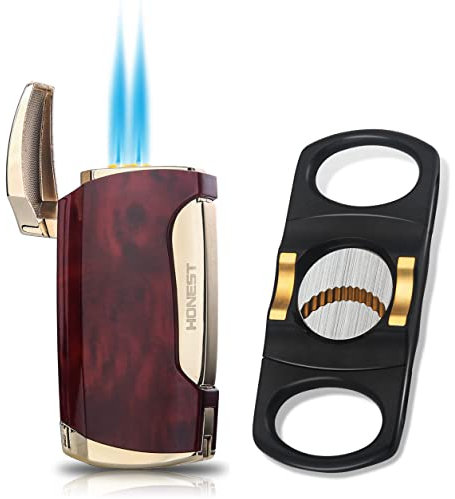 PROMISE Fackel Feuerzeug Zigarren Double Jet Flame Feuerzeug mit Cigar Punch (Brown Grain-D)