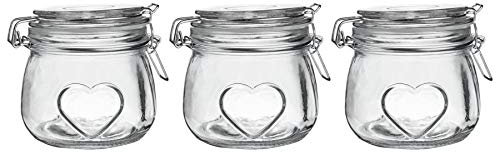 Nicola Spring Heart Shaped Glass Storage Jar with Airtight Clip Lid - 500ml - 3 Pack - 4 Colour Seals - Kitchen Vintage Round Preserving Container for Pickling, Chutney, Jam, Coffee, Oats