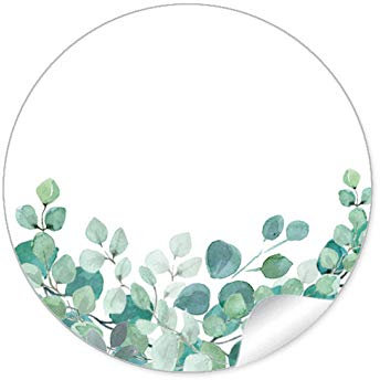 72 STICKER Freitextfeld Etiketten zum selber beschriften als Namensschild für ihre Tischdekoration EUKALYPTUS ZWEIGE GRÜN MINT WEIß, 4 cm, rund, matt