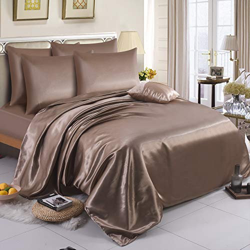 ZIMEL HOMES 6 piece-Satin sheets Soft bedding shiny silky bedding sets - duvet cover, Fitted sheet set, 4 pillow cases, complete bed sheet set
