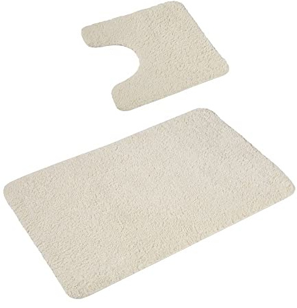 PANA Juego de alfombras de baño Florenz • Alfombrilla mullida para baño y WC • Alfombrilla de baño antideslizante y lavable • Juego: 45 x 45 cm con recorte de inodoro + 50 x 80 cm • Color: crema