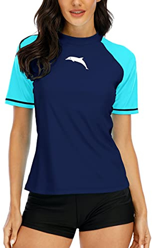 Halcurt UV Shirt Damen Rash Guard Kurzarm UPF 50+ Schnell Trocknender S-XXL | Sonnenschutz Schwimmshirt, Atmungsaktiv, Nur Schwimmoberteil, Raglan Ärmel