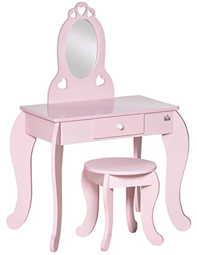 HOMCOM Coiffeuse Enfant Design Girly avec Motifs à Coeur - Tabouret Inclus - dim. 60L x 36l x 88H cm - tiroir, Miroir - MDF - Rose