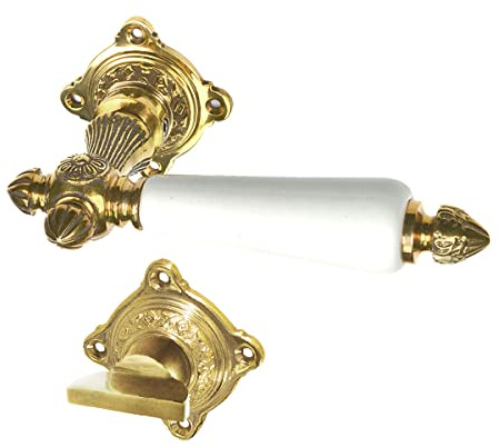 Türbeschlag-Set antik fürs Badezimmer mit Keramikgriffhülsen, Drückergarnitur mit Türklinken und Rosetten für Buntbart, Modell 1899 aus Messing patiniert