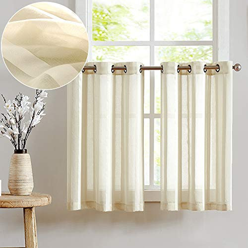 TOPICK Voile Scheibengardinen Bistrogardine für Wohnzimmer modern H 60 x B 90 (cm) 2er Set mit Ösen Transparent Landhaus Streifen Küchenvorhang Gestreift Küchengardinen Paarig Klein Fenster Beige