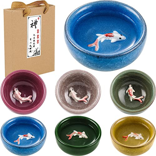 Skyley Juego de 6 vasos de chupito coreanos Soju de porcelana, vasos de cerámica coreana, accesorios de té, vasos de cerámica hechos a mano (colorido, patrón de pez koi)