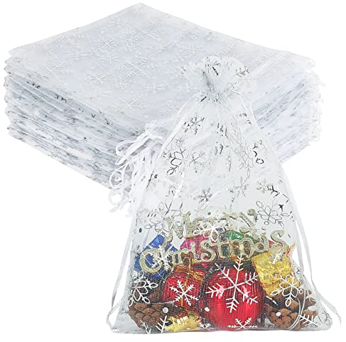 YQL 100 Stück Organzasäckchen Weihnachten Gross, 17x23cm Weiß Organza Säckchen Schneeflocke mit Zugband, Gaze Säckchen, Geschenksäckchen für Weihnachtsseife, Schmuck, Süßigkeiten, Make-up