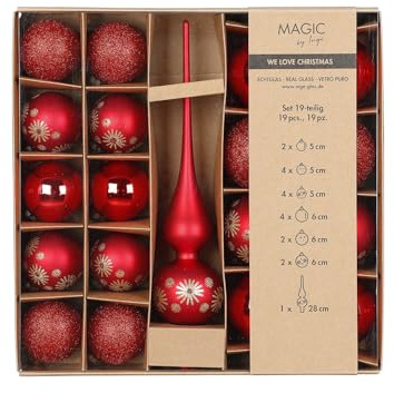 MAGIC av Inge – set med julgranskulor, 19 delar, sjöjungfrurrött, med julgransspets och kulor, julgransprydnad i glas