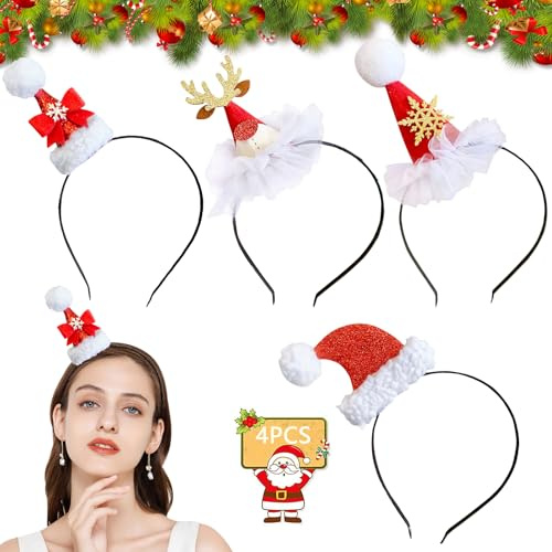 Mecctuck Weihnachts Haarreif, 4 Stück Weihnachts Kopfschmuck, Weihnachts Haarreifen, Rentier Haarreif Geweih Kopfschmuck, Weihnachts Haarschmuck, Weihnachts Accessoires Partyhüte für Erwachsene