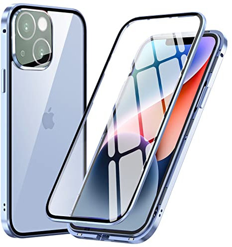 MIMGOAL Coque pour iPhone 14 Magnétique Etui, 360 Degrés Protection Antichoc Case Cover [avec Protecteur d'objectif de Caméra] Métal Bumper Avant Arrière Transparente Verre Trempé, Bleu