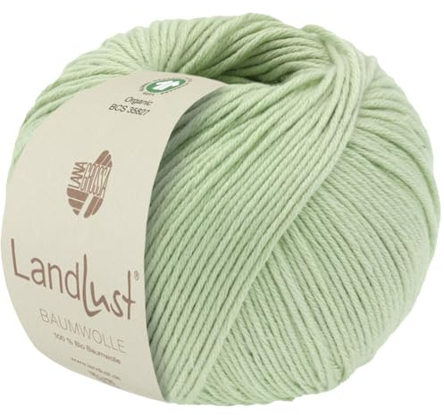 LANA GROSSA Landlust Baumwolle | Klassisches Bio-Baumwollgarn, Gots zertifiziert | Handstrickgarn aus 100% Baumwolle (Bio) | 50g Wolle zum Stricken & Häkeln | 115m Garn FB 10 Lindgrün