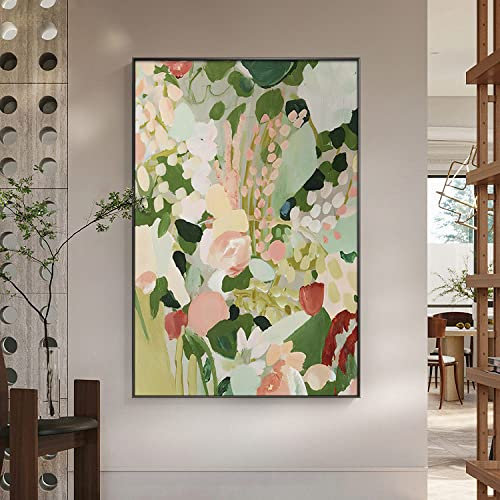 Handgemalte Acrylbilder, Grüne Pflanze Rose Tulpe Blume Sommer Abstrakte Kunst Moderne Kunstwerke Rahmenlose Handgemalte Ölgemälde Auf Leinwand Wandkunst Für Wohnzimmer Schlafzimmer Büro Wohnk