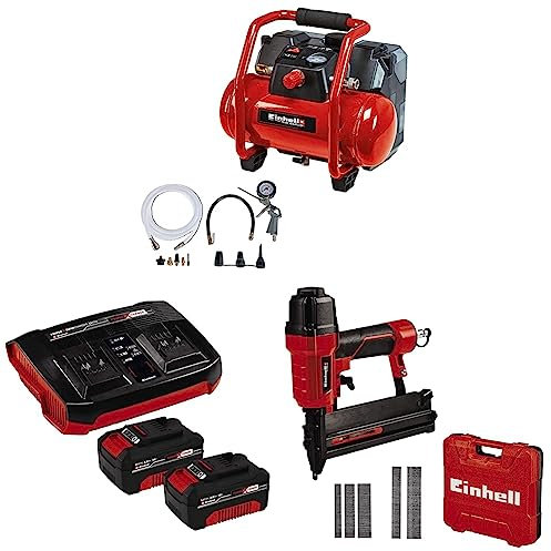 Einhell Akku-Kompressor TE-AC 36/6/8 Li OF Set Power X-Change (36 V, max. 8 bar, 6 l-Tank, 130 l/min Ansaugleistung, Motordrehzahl 16000 min^-1, inkl. 2x 4,0 Ah Akku, Twincharger und Druckluft-Tacker)