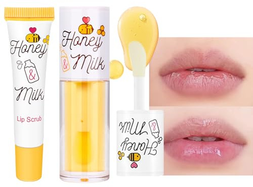 Lip Oil & Lip Scrub Set, Moisturizing Lip Oil Long Lasting Nourishing Lip, Hydrating Lip Gloss Honey Balm Lips Glow Lip Masks, Prevent Dry Crack, Exfoliator Clearing Dead Skin Repair Protection