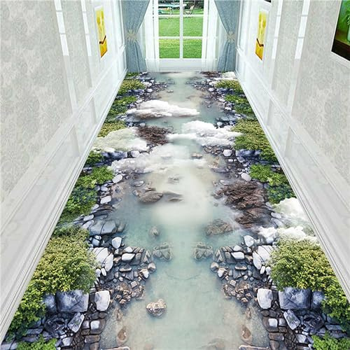 Houient 3D Illusion Runner Rug, 2x10ft, Pastoral Style Natural Landscape Stone Stream Green Plants Printed Corridor Carpet, Children's Play Mat Suitable for Bedroom Living Room Entryway Corridor