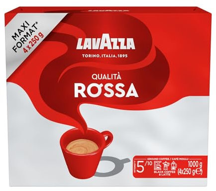 Lavazza, Qualità Rossa, Ground Coffee, 1 kg, Ideal for Moka Pots, with Aromatic Notes of Chocolate and Dried Fruits, Arabica and Robusta, Intensity 5/10, Medium Roasting, 4 x 250g