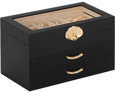 Enthralite Schmuckkästchen mit 2 Schubladen: Organizer für Ohrringe, Halsketten, Geschenk für Mädchen und Frauen, Schwarz