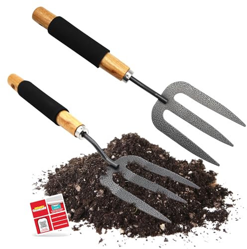 SOL Robuste Gartengabel, 34,5 cm, Holzgriff, Gartenhandgabel mit schwarzem Gummigriff für mühelose Gartenarbeit, Handgabel, Gartenwerkzeug zum Pflanzen, Jätgabel, Gartenwerkzeug + Aufkleber, 2 Stück