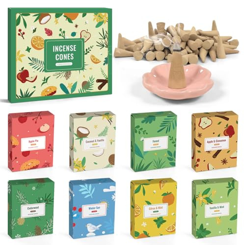 STRN Incense Cones 120 Scented Cones for All Seasons, Assorted Cone Incense Scents with Incense Holder, Vanilla Mint Coconut Cedarwood Apple Pie Forest Citrus Cinnamon