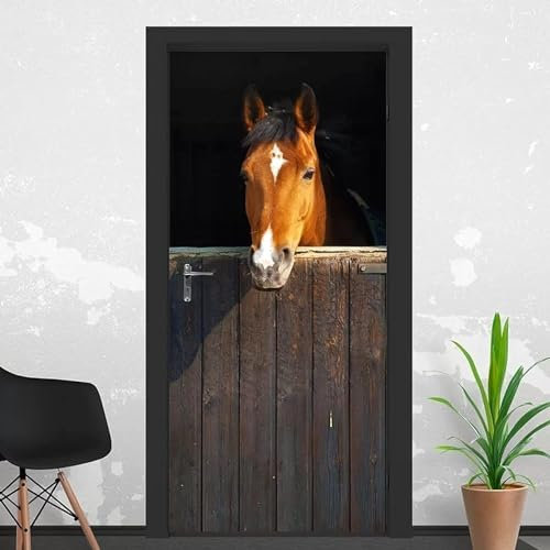 Türtapete Selbstklebend 85x200 Pferd Türaufkleber 3D Türposter Tierfarm Fototapete Türfolie Türklebefolie Wasserdichte für Türwand Dekoration Tapete a6575