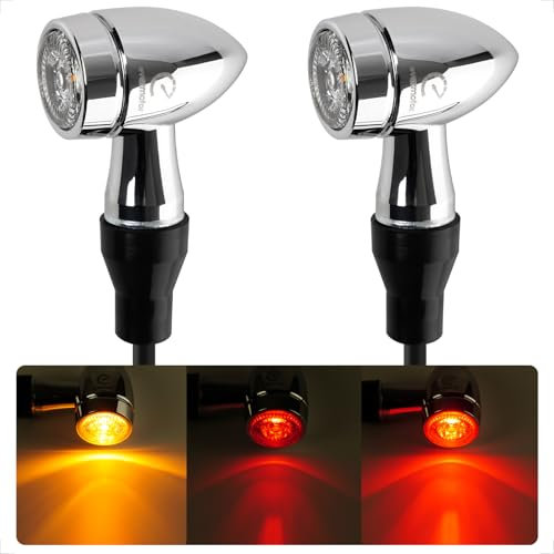 evermotor Mini intermitentes LED cromado 3 en 1 para motocicleta homologados, proceso CNC 12 V, paquete de 2, para scooter de motocicleta, carcasa de aluminio, ámbar y rojo