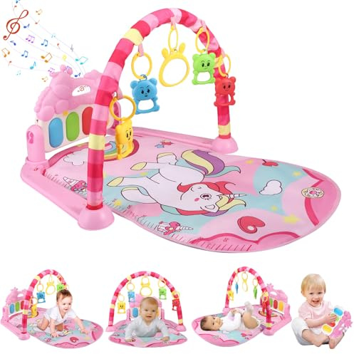 QCXWCJWD Baby Play Mat, Baby Gym Play Mats with Piano Keys,Music and 5 Infant Sensory Baby Toys, Infant Play Mat for Sensory Exploration and Motor Skill Development (Pink)