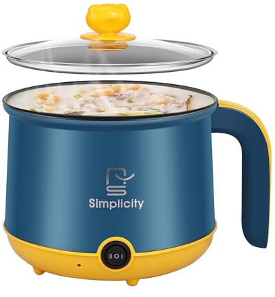 Electric Hot Pot Cooker Multifunctional Portable Non Stick Mini Cooker with Steam Rack 2 Gear Rapid Heating Boil Simmer Dry Protection for Ramen Noodles Soup Home Travel Gifts(Blue Single Layer)