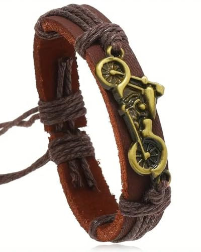 mercalonso Pulsera Caballero de Cuero con Moto. Brazalete Moto de Hombre. Pulsera motorsport. Pulsera Cadena Moto Niño. Correa Cuero Genuino con Emblema de Moto