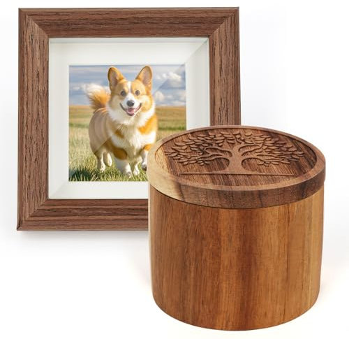 Juego de caja de cenizas para mascotas, urna redonda de madera para cenizas de perro, cenizas de gato, regalo conmemorativo con marco de fotos, urna de cremación para mascotas pequeñas (árbol de la