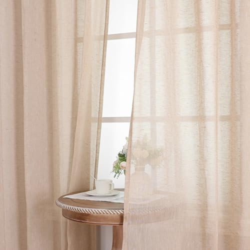 BellaHills Cortinas de Lino Natural Translúcido 140x122cm,Cortinas Cortas para Ventanas Visillo Blanco Semi Transparente para Salón y Dormitorio,Natural