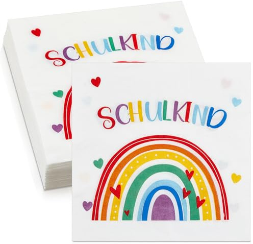 Tenare 50 Stück Einschulung Servietten Endlich Schulkind Schulanfang Papierservietten Schuleinführung Einwegservietten für Junge Mädchen Schulanfänger 1. Schultag Tischdeko, 33 x 33 cm(Regenbogen)