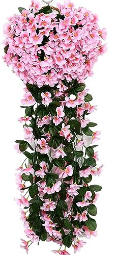 Artificial Orchid Hanging Wall Hanging Purple Garland Wisteria Basket Artificial Flowers Wooden Flowers Room Plants Evergreen (Pink, One Size)