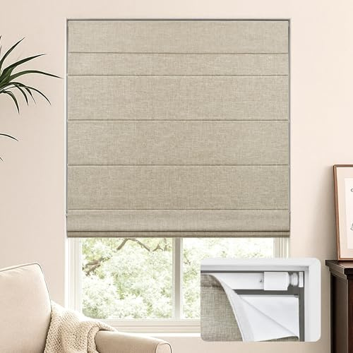 LazBlinds No Tools No Drill Cordless Roman Shades for Windows, Blackout Thermal Insulated UV Blocking Window Blinds, Lightweight Fabric Blinds for Indoor Windows, 35.5 W x 60 H, Blackout - Beige
