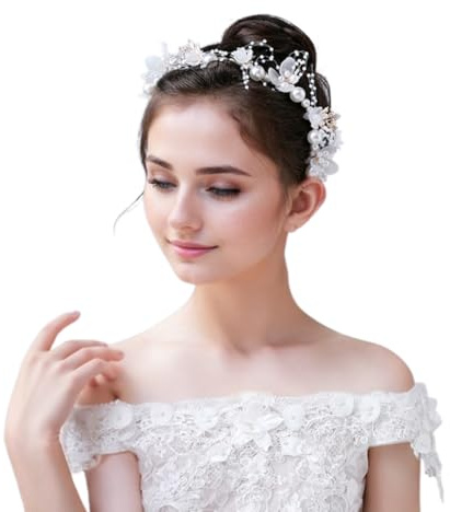 Prinzessin Weiße Blume Kopfschmuck Perlen Haarkleid Haarschmuck Kommunion, Taufe Deko Mädchen Erstkommunion, Blumenkranz Haare Kinder Kopfschmuck Hochzeit