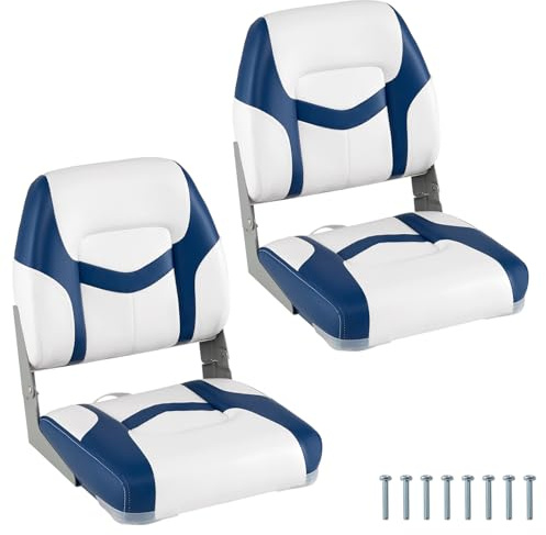 COSTWAY 2-Pack Foldable Boat Seats, Fold-down Low Back Fishing Chairs with Thick Sponge Padding, Fixing Bolts and Hinges, Waterproof PVC Leather Sightseeing Boat Speedboat Captain Seating (Blue+White)
