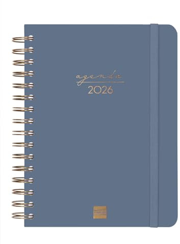 Finocam - Terminplaner Spiralbindung 2026 1 Tag pro Seite | Januar–Dezember (12 Monate) | Jahresterminplaner 2026 mit Gummiband | Doppelte Spiralbindung Festeinband Alma - Blau - International