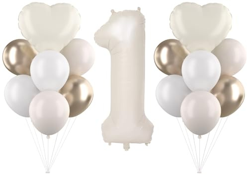 Cadimus Beige Luftballon 1.Geburtstag,40 Zoll Weiß Creme Folienballon 1 Jahr,Beige Zahlenballons,Geburtstagsdeko 1 Jahr Jungen und Mädchen,Hautfarbene Zahlenballons,Herz Folienballon
