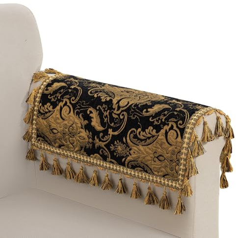 TOPLUXE Sofa-Armlehnenbezüge 2er, Anti-Rutsch Armlehnenschoner mit Quasten, Damast-Möbelschutz für Sessel Couch Relaxsessel 50x60cm (Schwarz)